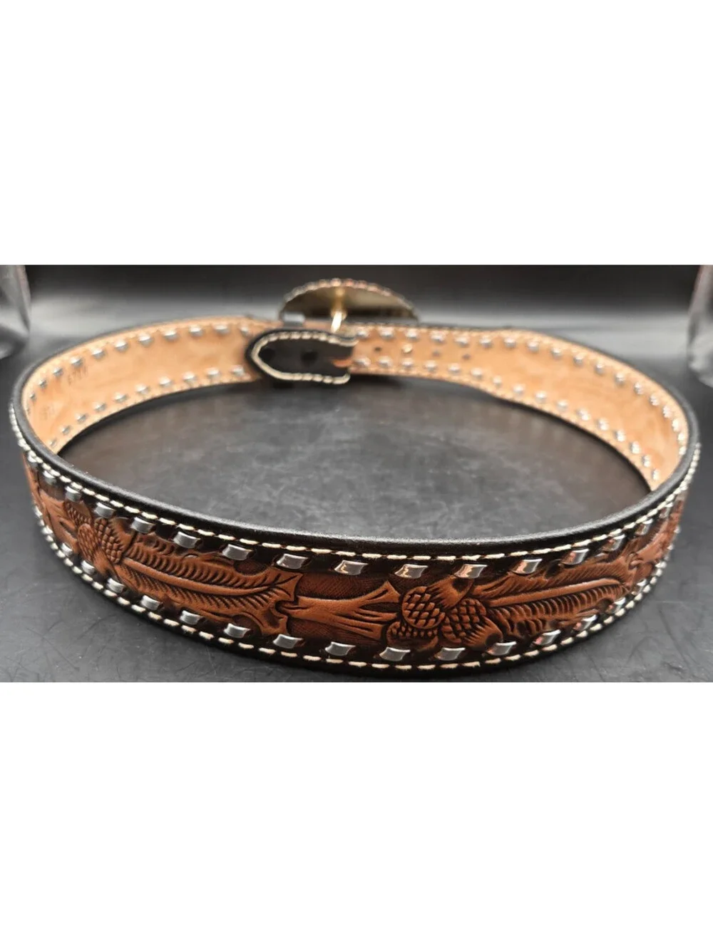TANDY Western Leather Belt Mens 36 Brown Hand Tooled Floral Silver Studded 1.5in